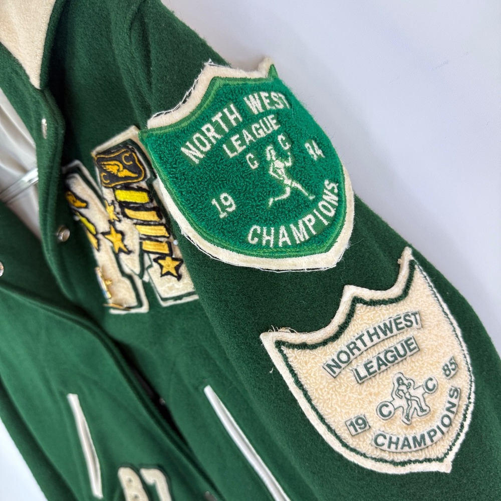 TM Athletics Varsity Jacket Womens 34 Green 1987 Letterman Bulldog Zip Hood - Picture 4 of 12